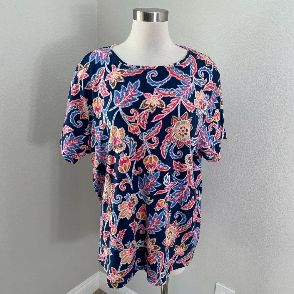 Croft & Barrow Womens Plus 3X Classic Tee Navy Floral Short Sleeve Tunic‎ Top